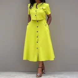 Women Top Skirt Sets Summer Short Sleeve O-Neck Button Shirt + Midi Skirts Two 2 Piece Setss 2024 Elegant Office Ladies Suits