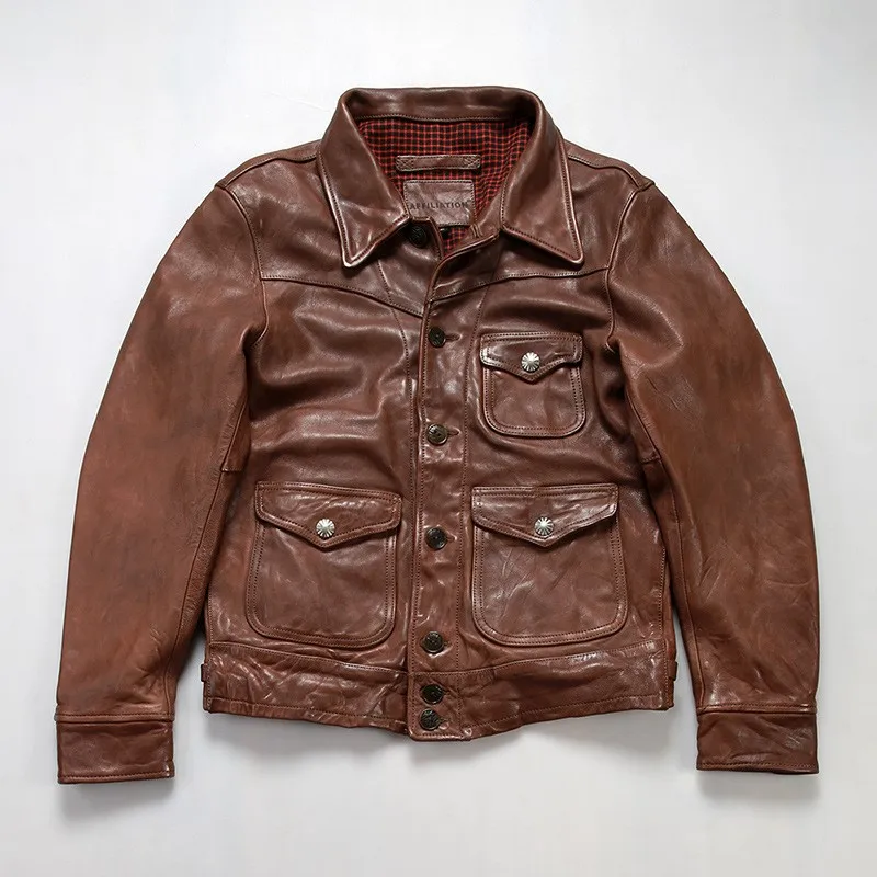 

Three-pocket leather for men washable pleated vegetable-tanned