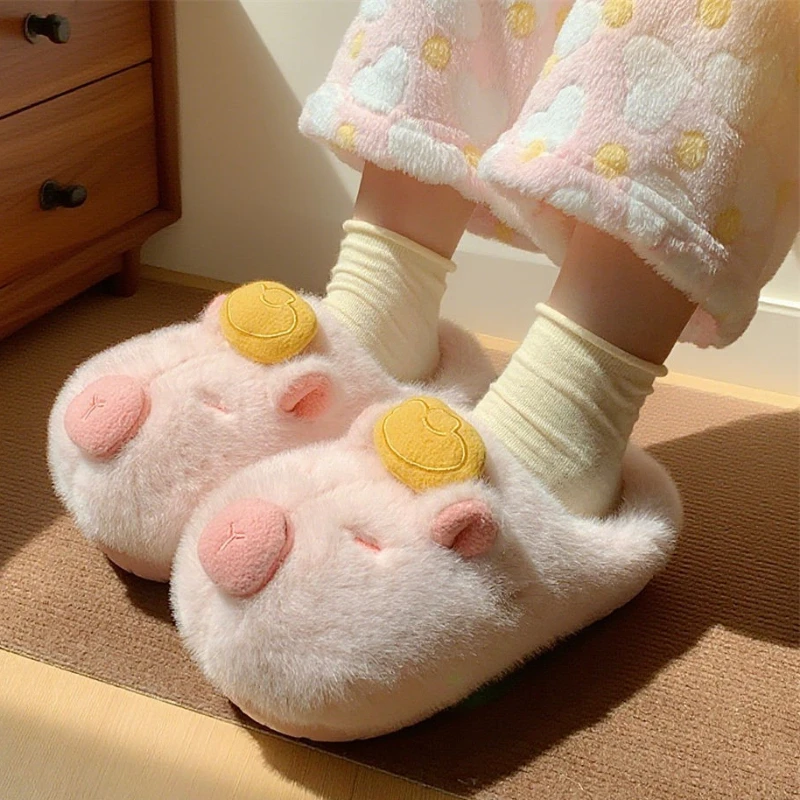 Cute Capybara Fluffy Slippers For Women Winter House Shoes Funny Cartoon Style Warm Plush Anti-slip Girls Home Cotton Slides