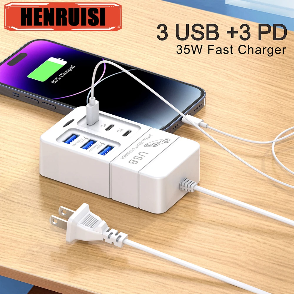 

35W USB Power Strip Charger with 3 TypeC and 3 USB Ports for iPhone Samsung Xiaomi Adapter for Home Office School Travel Room