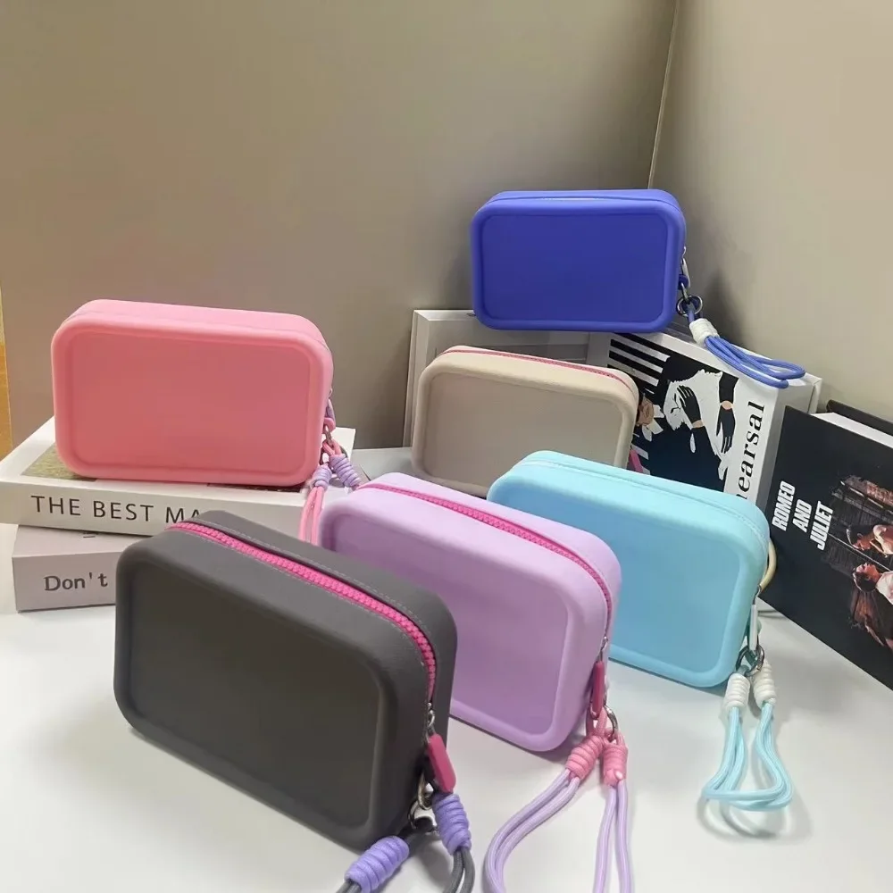 Solid Color Cosmetic Bag Portable Rectangle Silicone High Capacity Coin Purse Headphone Bag Small Item Bag Stationery Bags Women