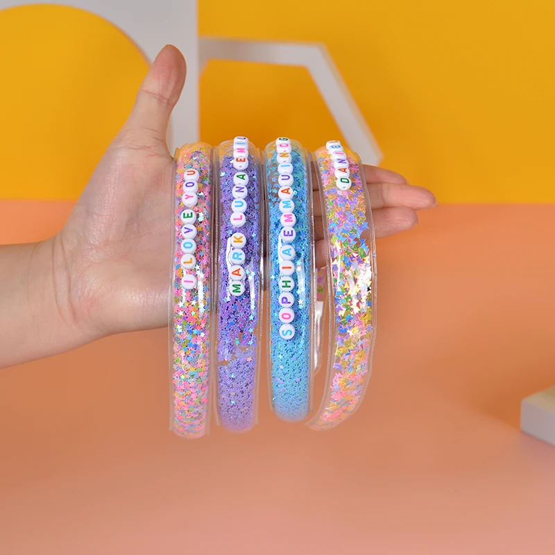 Przezroczyste opaski na głowę Quicksand dla dzieci Dzieci Dziewczynki Brokatowe cekiny Spersonalizowane opaski do włosów Bezel Hair Hoop