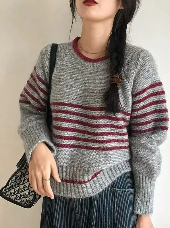 Retro Korean Sle Women's Loose Fit Sweater Autumn Winter Casual Knitted Top Color Blo Striped Relaxing Comfortable Knitwear