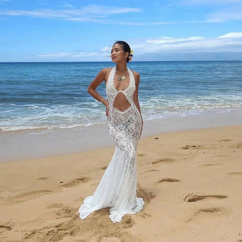 

Sexy Dress 2025 Women's Summer New Lace Hollow Out Dress Sexy Backless Solid Color Dresses