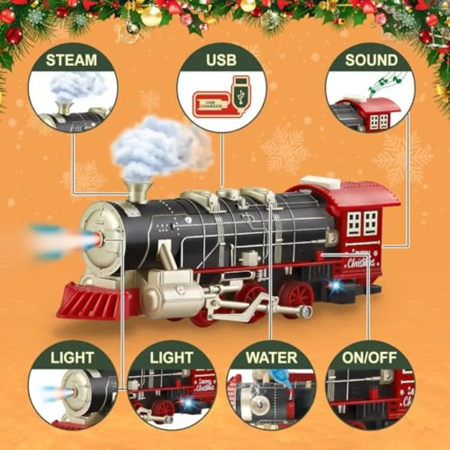 Remote Control Train Set for Ages 3-8: ABS Plastic, Red and Blue, Steam Effect + LED Lights + Realistic Sounds, Includes 4 Cars