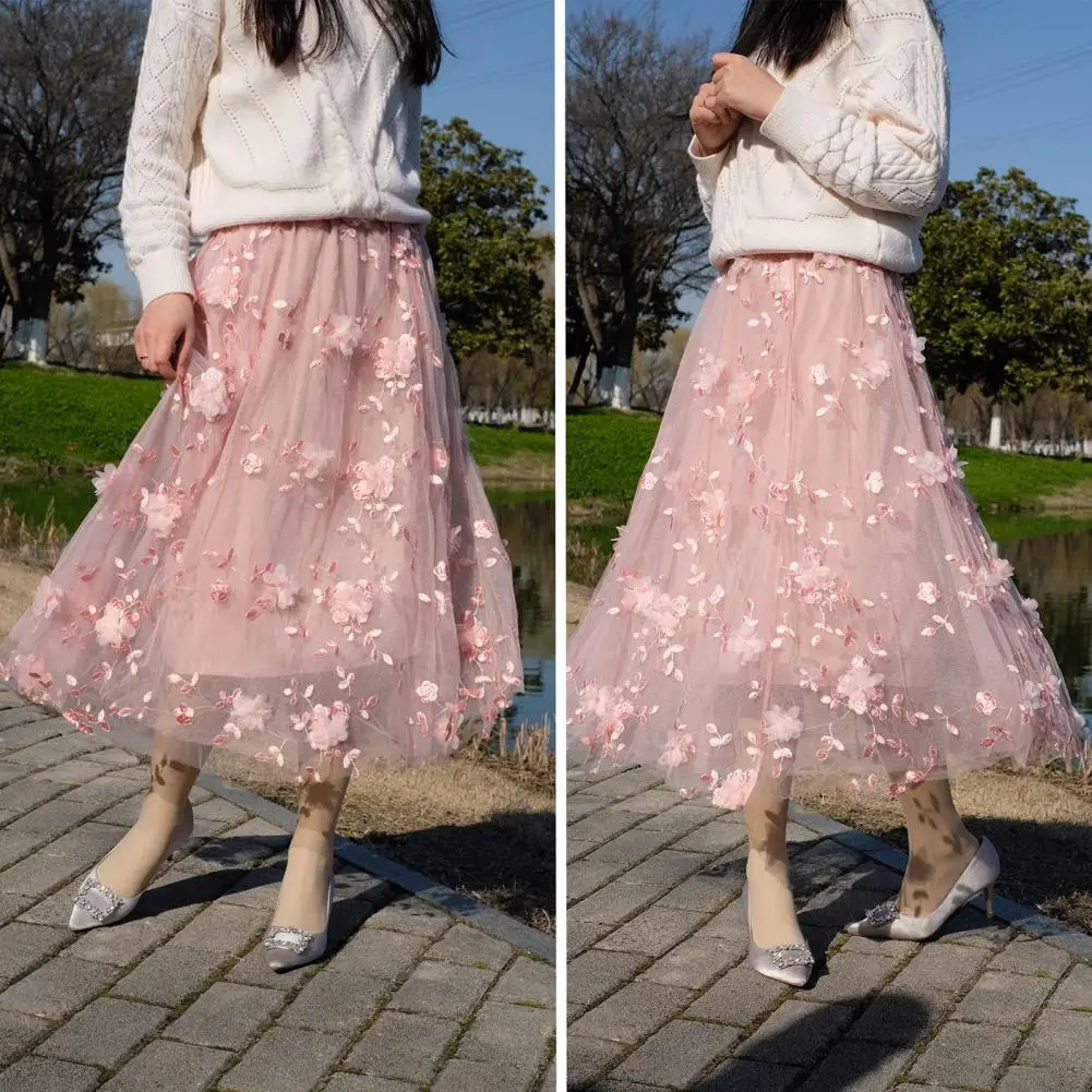 

Women Skirt Floral Embroidery Mesh Midi Skirt with Elastic High Waist Double Layered Tulle Women's A-line Skirt with Large Hem