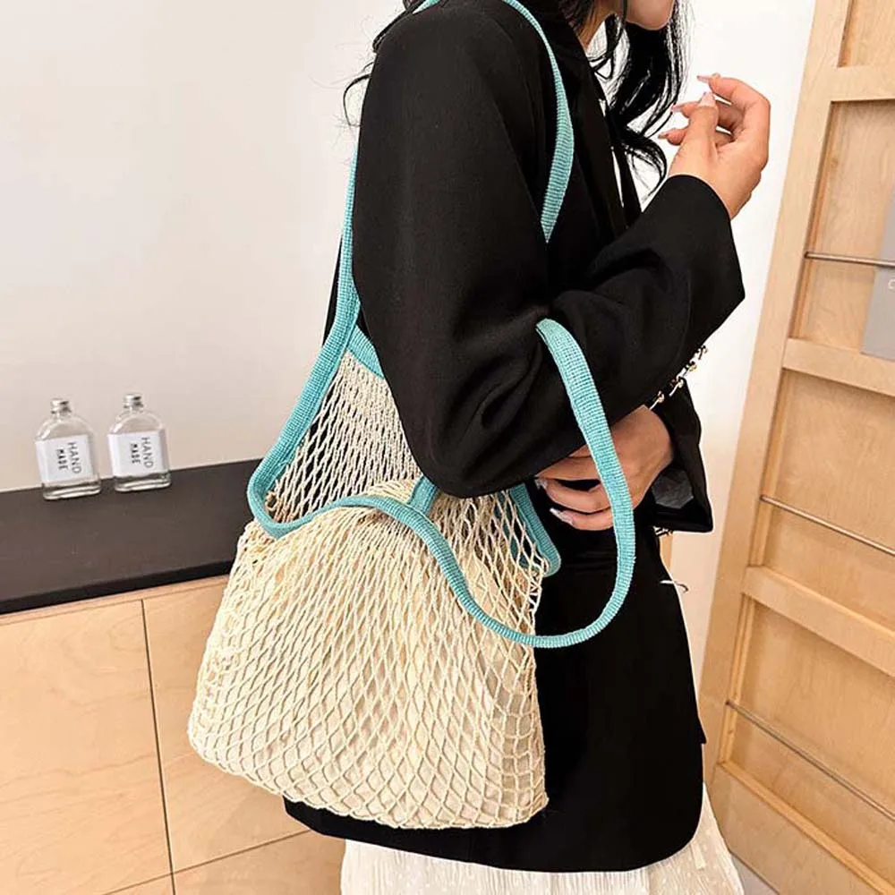 

Polyester Hollow Woven Shoulder Bag Pockets Large Capacity Knitting Handbags Edge Covering Breathable Summer Beach Tote Bags