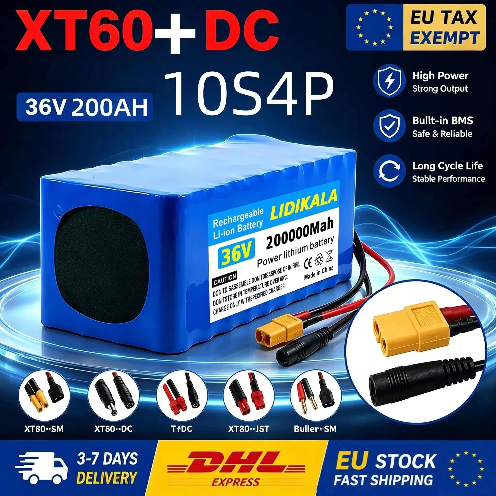 LIDIKALA Neuer Langstrecken-36V-200Ah-10S4P-18650-Li-Ionen-Akku mit eingebautem Smart-BMS, mit XT60- & DC-Anschluss, wiederaufladbarer Ersatzakku für Elektrofahrräder und Elektroroller.