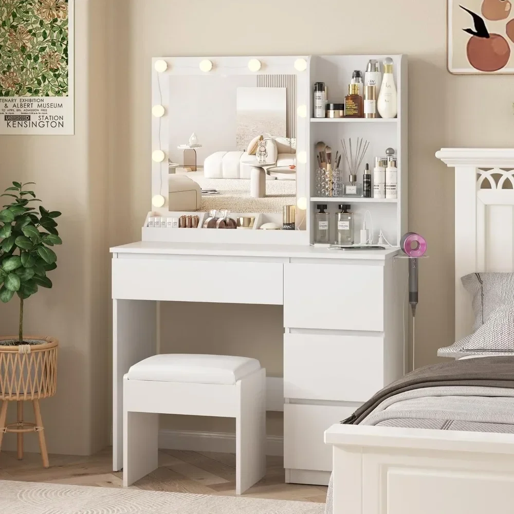 

Dresser, Make-up Dresser Set with Mirror and Lamp, Dresser Storage with Power Strip, Lighting with Adjustable Brightness