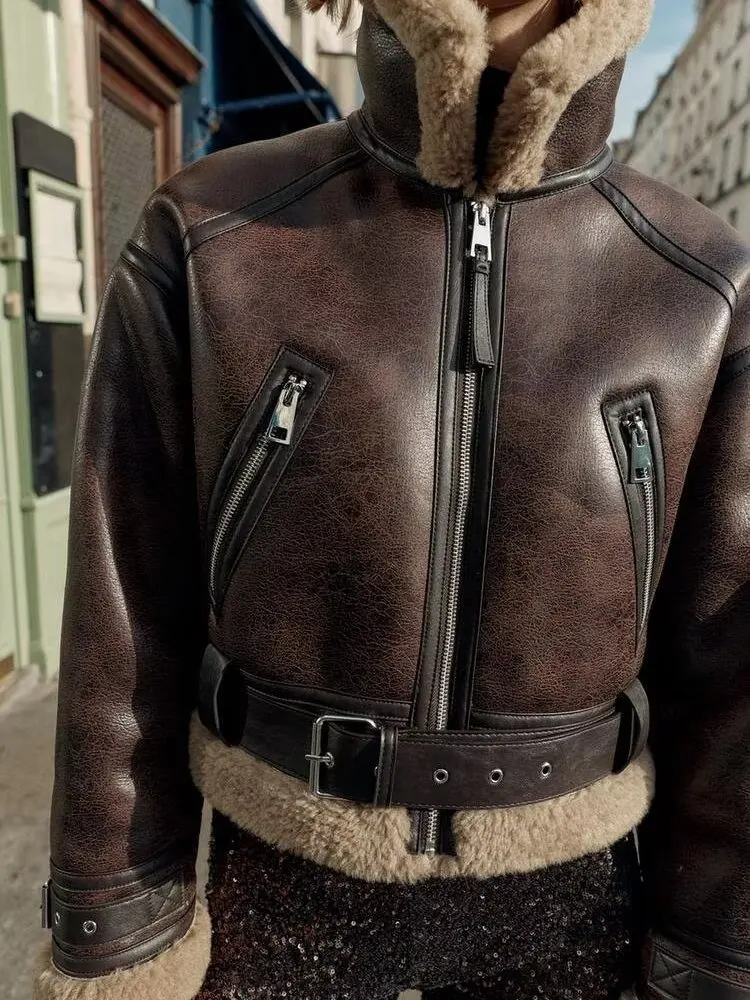 على الوجهين الجلود والفراء ort Jaet Thiened ملابس خارجية نسائية غير رسمية سستة إغلاق لون الخريف الشتاء جديد #5