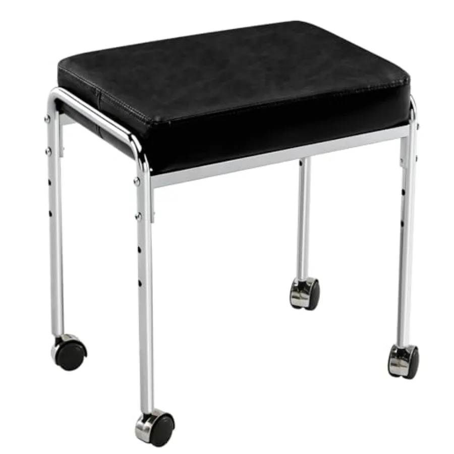

Rolling Vanity Stool Green Faux Leather Chrome Metal Frame Adjustable Height Modern Style Rectangular Cushioned Seat with Wheel