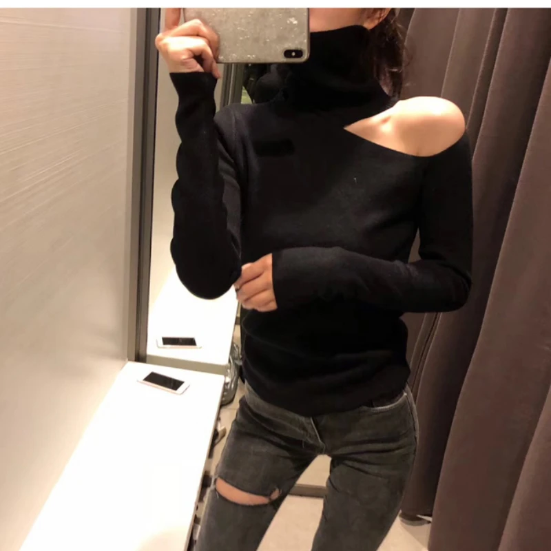 Knitted Sweater Off Shoulder Pullovers Sweater for Women Long Sleeve Turtleneck Female Jumper Black White Sexy Clothing New 2020