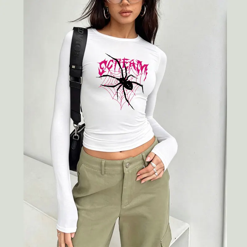 Gothic Spider Print Spring Autumn Women T-Shirt Causal Long Sleeve Crop Tops O Neck Pullovers Tees Slim Fit T Shirt