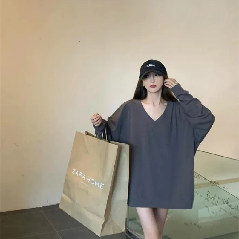 White V-neck Long Sleeve Loose Lazy Style Korean Tops Summer New Simplicity Casual T Shirts Fashion High Street Women Clothing