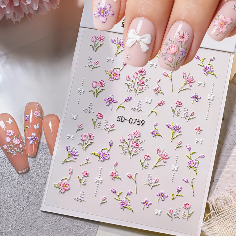 5D Pink Purple Tulip Floral Nail Stickers Romantic Blossom T