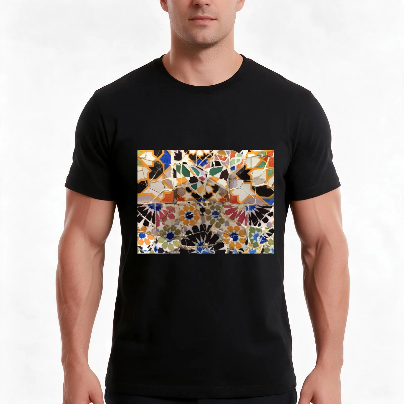 Park Guell mosaic T-Shirt, Summer Casual Cotton Tee, Oversized Streetwear Tops, Vintage Graphic Print, Loose Fit Short Sleeve