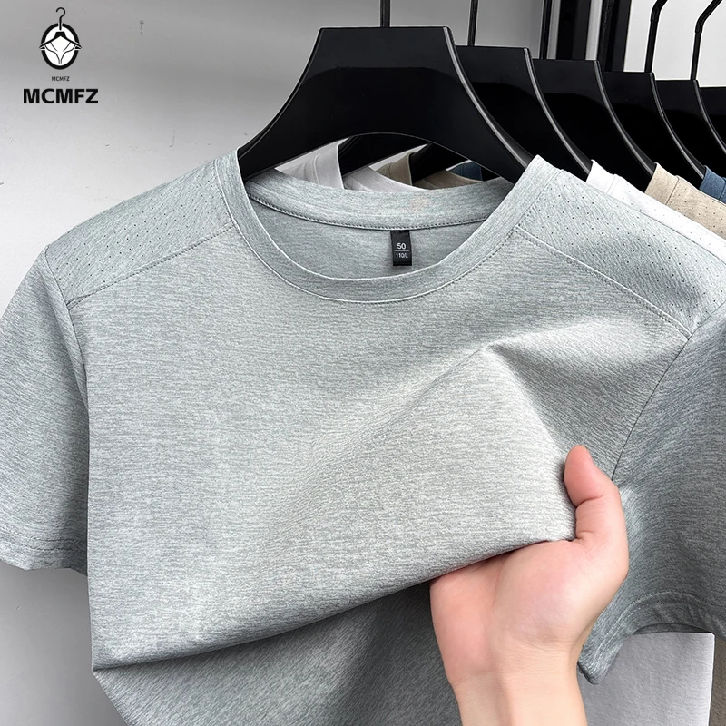 Cool Touch Shoulder Mesh Perforated Tee Male Round Neck Raglan Stretch Breathable Anti Sweat Jogging Walking Basic Apparel