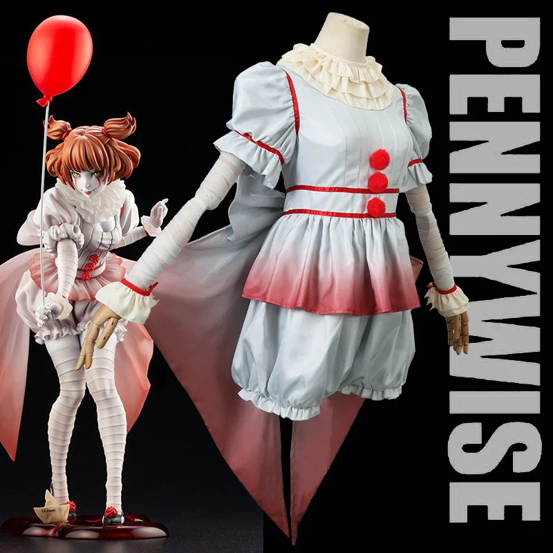 Halloween Joker Horrorfilm Penny wise Cosplay Kostüm Clown Terror Frauen Dienst mädchen Kleid Karneval Party Kleidung Set für Erwachsene