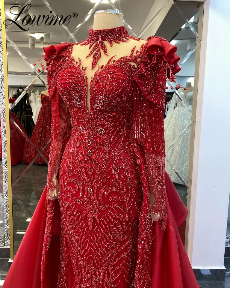 aliexpress elegant dresses Luxurious Womens Evening Dresses Red Arabic Dubai Wedding Party Dress With Detachable Train Long