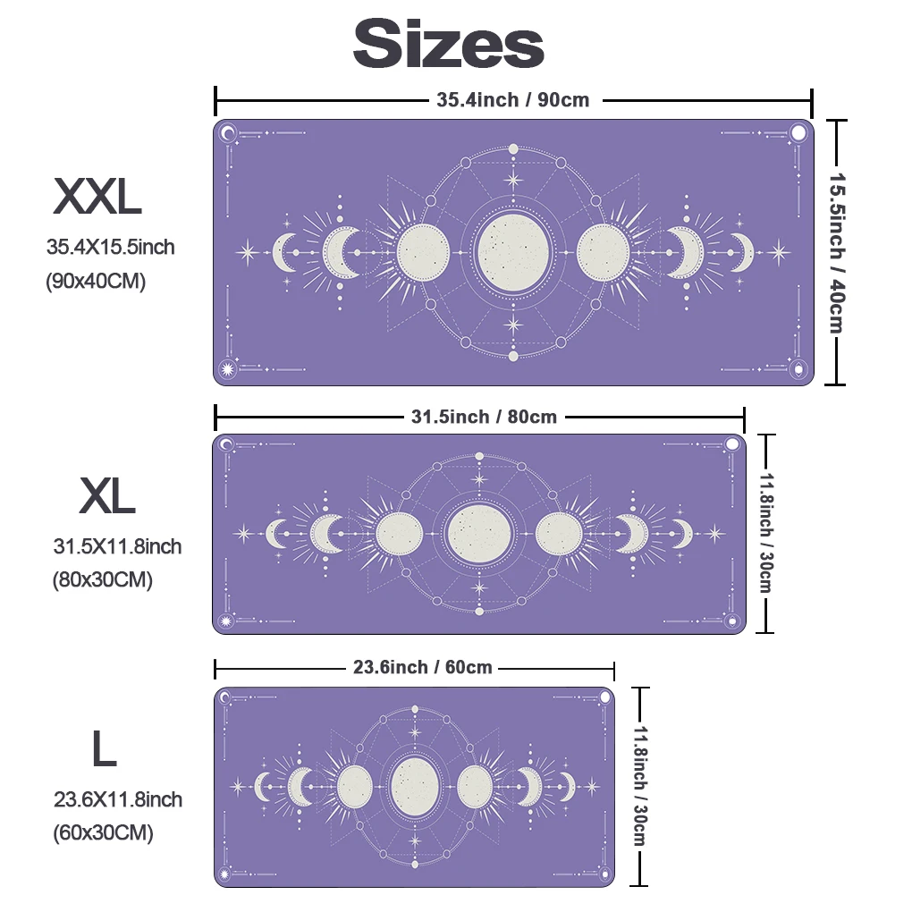 대형 보라색 게이밍 마우스 패드, 문 페이즈 매직 셀레스티아 마우스 매트, XXL 데스크 매트, 미끄럼 방지 노트북 데스크 액세서리, 900X400MM
