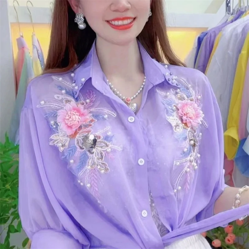 

Новая летняя шифоновая солнцезащитная рубашка с рукавами три четверти, женская тонкая свободная рубашка, универсальная блузка, женские солнцезащитные топы