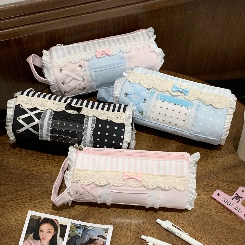 2026 New Lace Trim Pencil Case for Students Korean Fashion Ins Style Large Capacity Stationery Bag Niche Portable Handbag Pouch