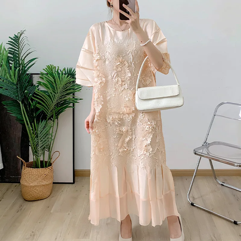 Pleated Women Dresses Round Collar Niche Design Half Sleeve A Line Solid Color Loose Casual New 2024 Clothing