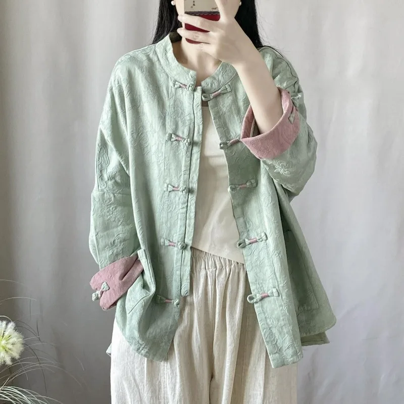 New Chinese-style Retro Chinese Women Clothing Wound Button Cardigan Spring Autumn Jacquard Cotton Linen Loose Bat-sleeved Coat