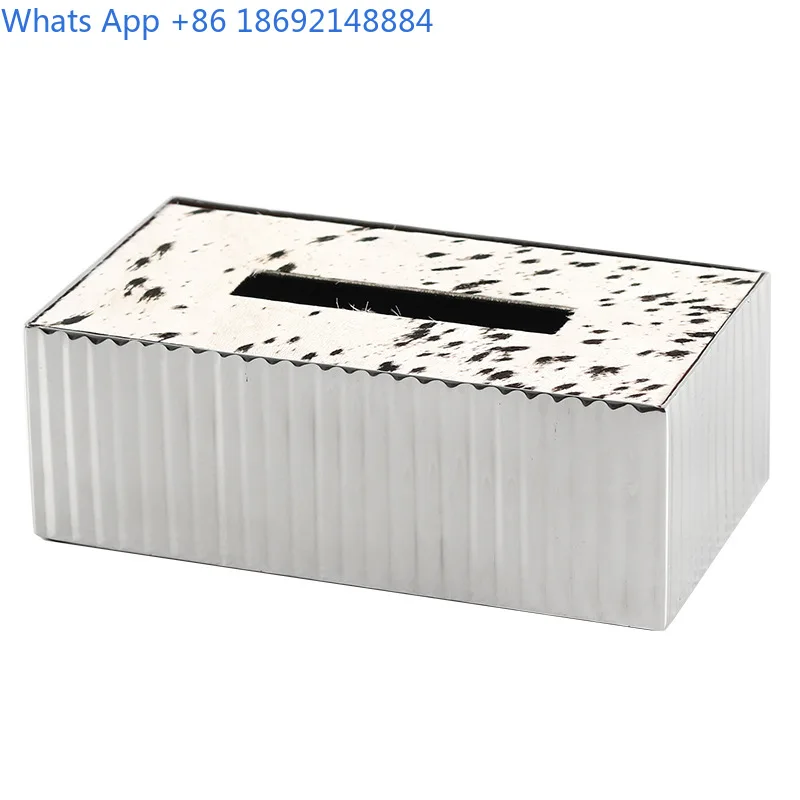 Luxury Metal Stripe Tissue Box High End Leather Faux Hair Calf Tissue Holder Decorative Piece for Model Room Sales Office