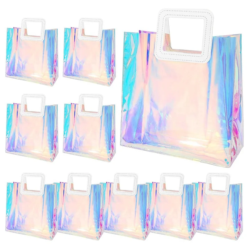 

10 Pack Wedding Clear Gift Bag, Transparent Gift Bags with Heavy Duty Handle, PVC Gift Wrap Bags for Wedding,Holographic