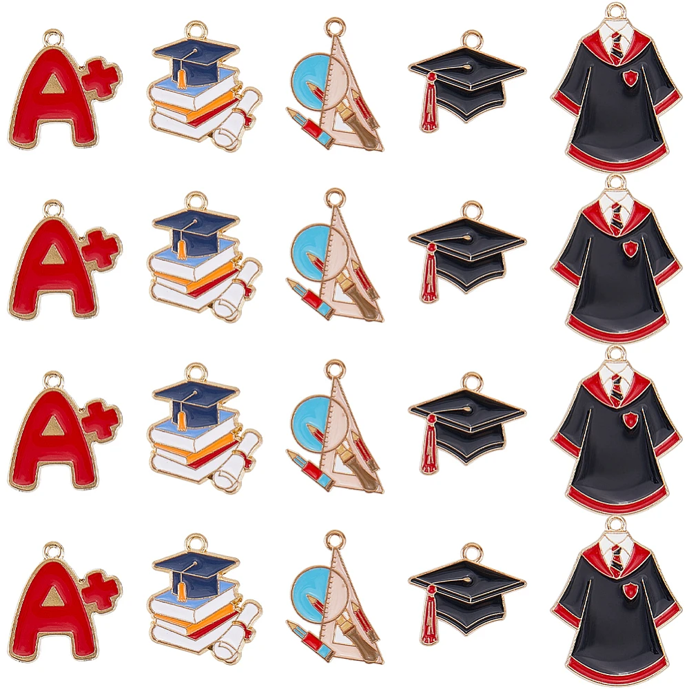 1 Box 40Pcs Graduate Charm School Enamel Charms Bulk Metal Gold Alloy Teachers' Day Back to School Graduation Caps Dangle Charm