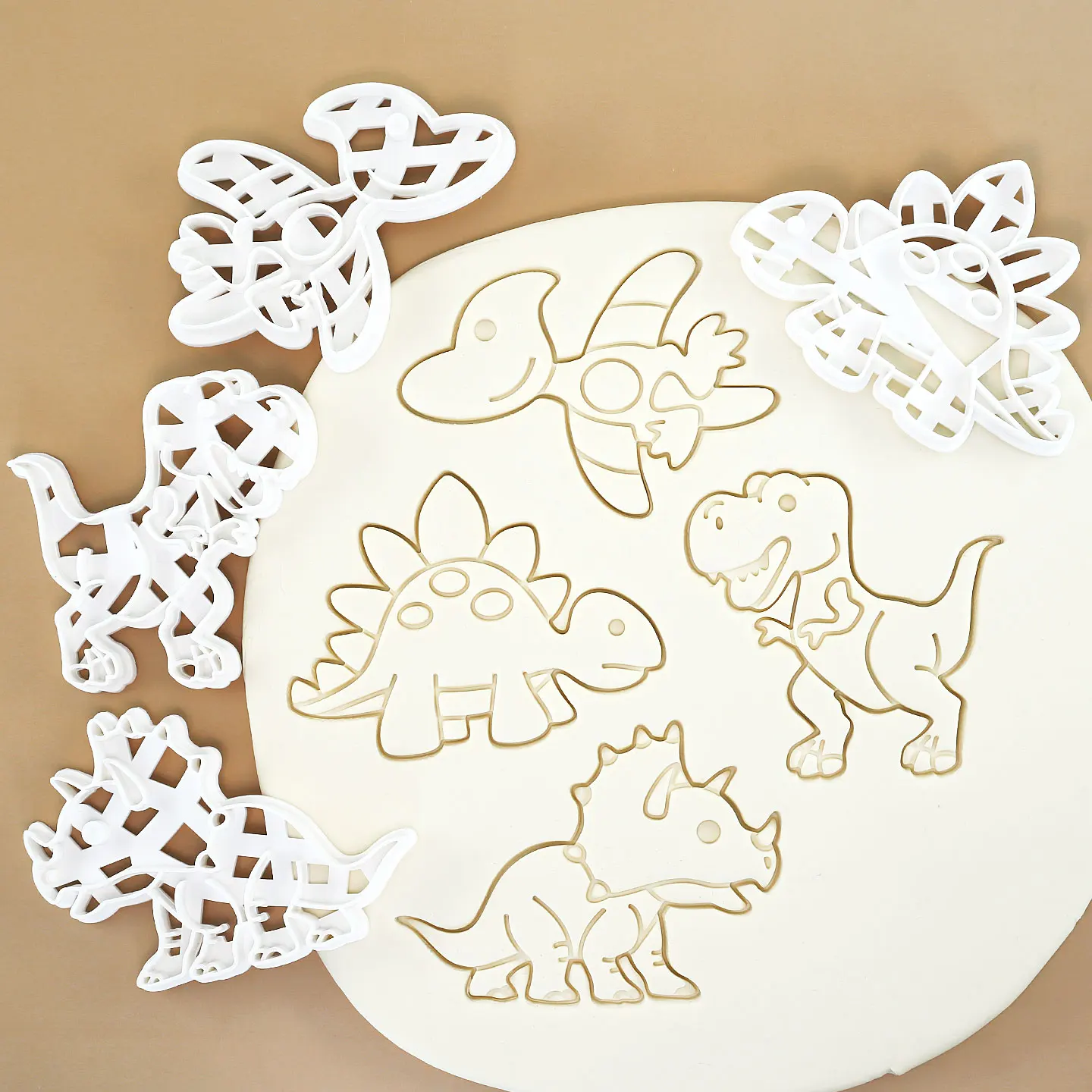 4-teiliges Dinosaurier-Ausstechformen-Set 3D Tyrannosaurus Rex Stegosaurus Triceratops Pterosaurier-Form Backformen für Weihnachtsdekoration