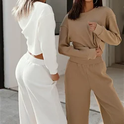 Women Autumn Winter Two Piece Sets Full Sleeve Matching Sets Tops Loose Tracksuit Elastic Waist Wide Leg Long Pants Set