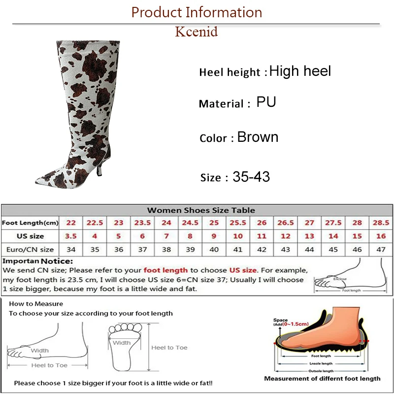 Kcenid Autumn Winter New Fashion Knee High Boots Women Cow Print Design Pointed Toe High Thin Heels Party Dance Shoes Size 42 43