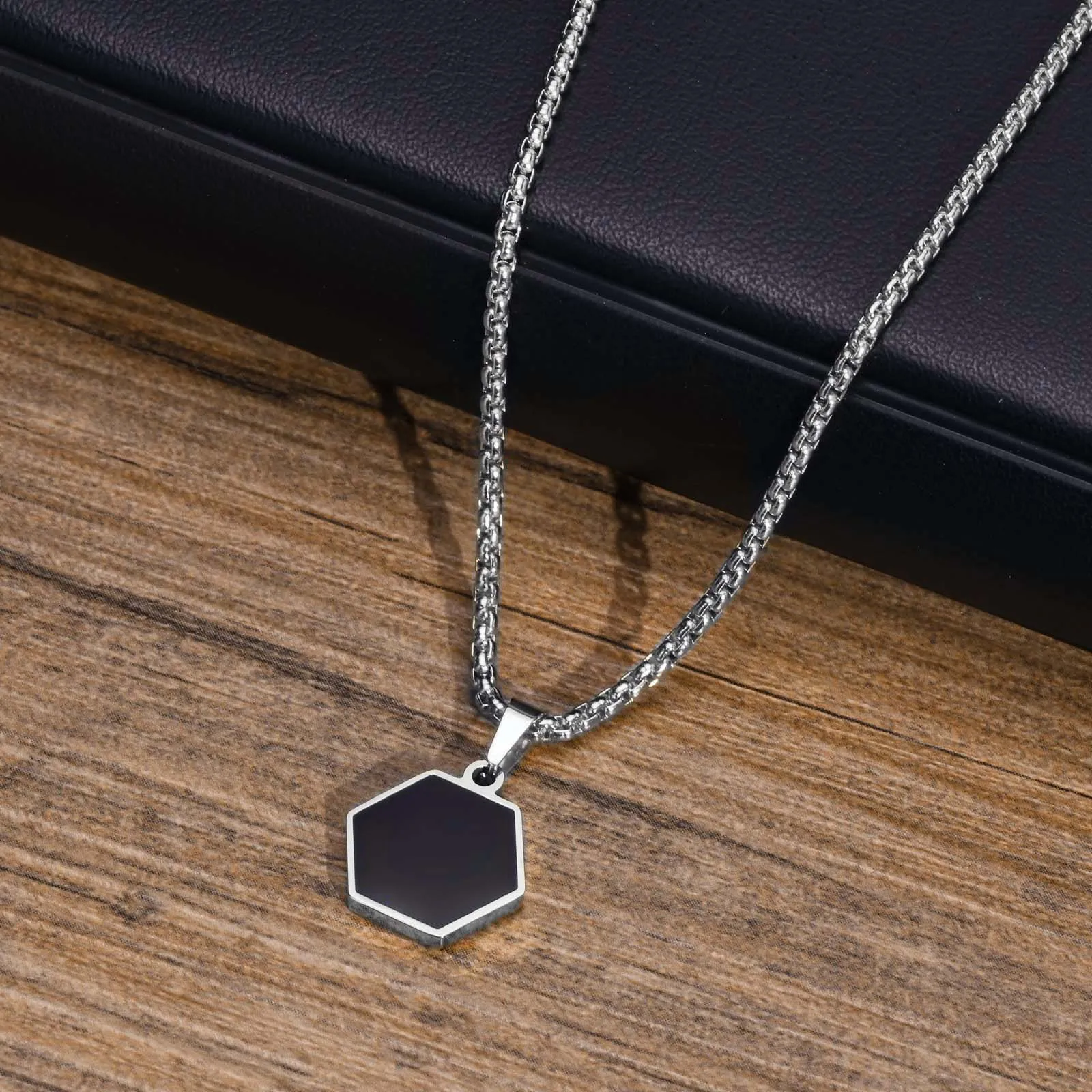 Simple Hexagon Necklaces for Men Boys,Waterproof Stainless Steel Geometric Pendant Collar, Black collar de hombres Jewelry - Image 6