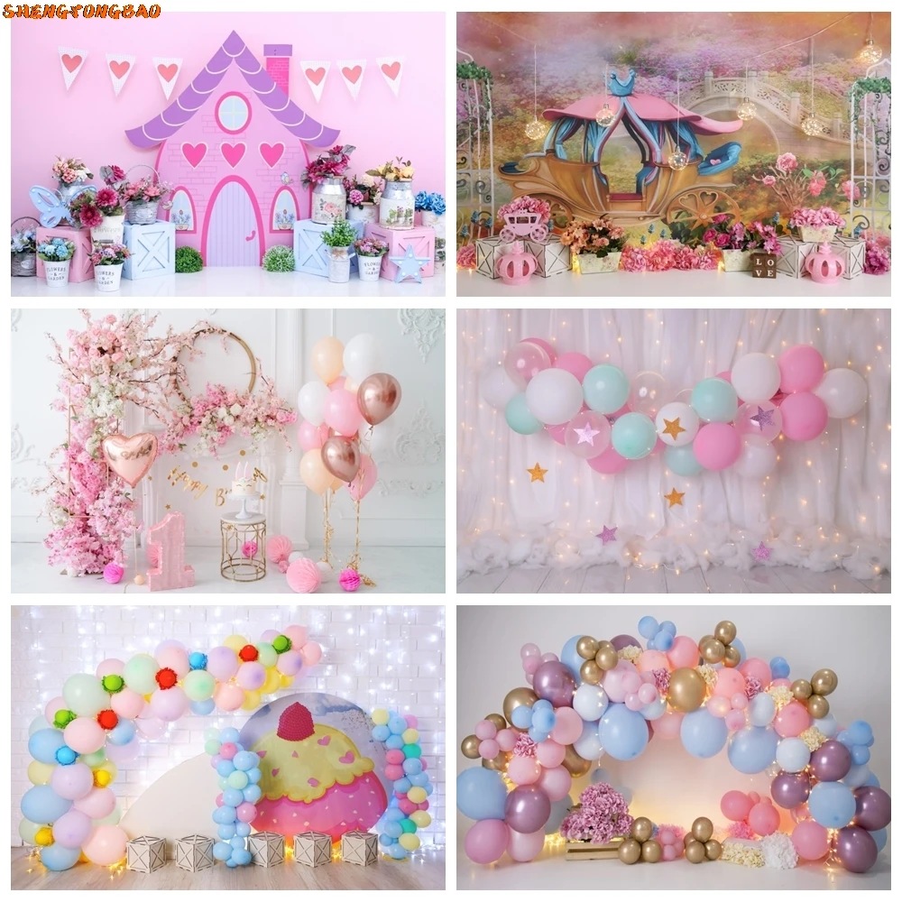 

Newborn Baby 1st Birthday Party Backdrops Cake Smash Girl Boy Pink Blue Balloon Photography Background Decor Photo Studio Props
