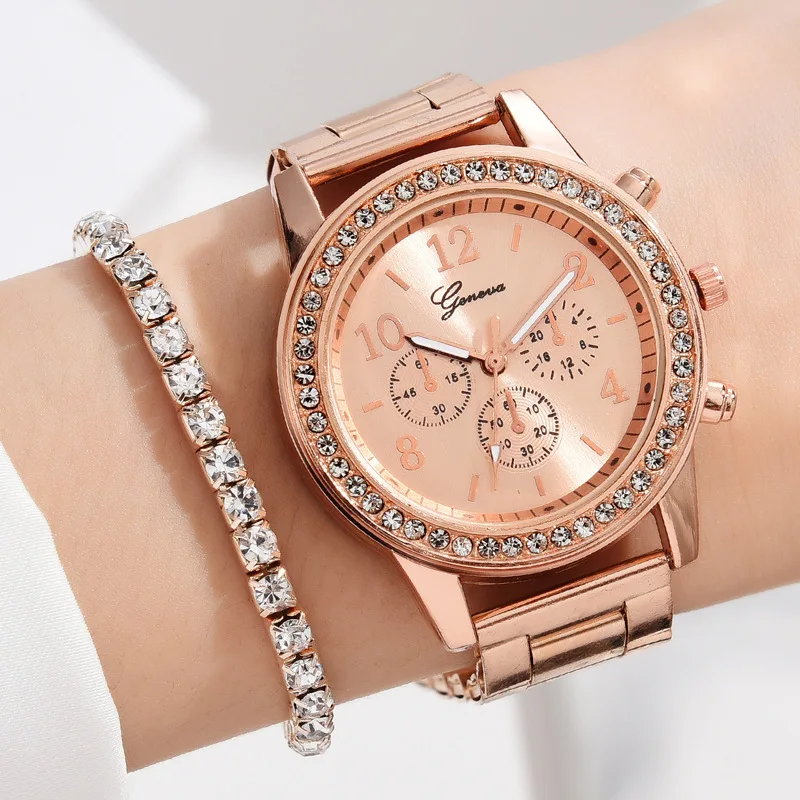 6PCS/Set Women's Watch Fashion Silver Steel Band Analog Quartz Watches Diamond Jewelry Set（Without Box）