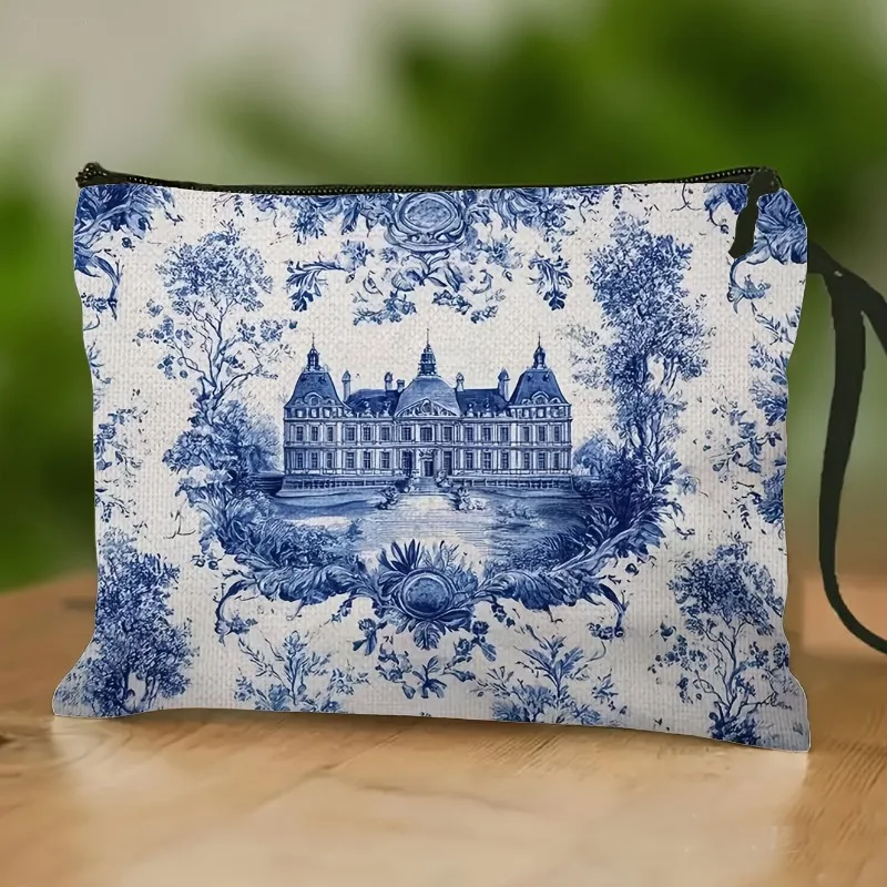 French Castle Style Makeup Bag with Classic Vintage And Porcelain Double-Sided Print Storage Pouch, Convenient Travel Wrist Stra