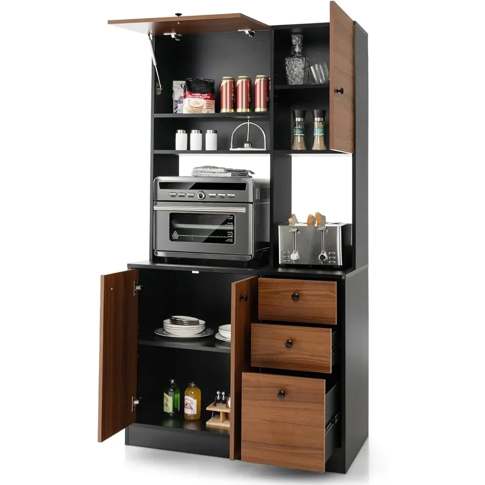 Kitchen self-service storage cabinet, 71 inch independent pantry with 3 cabinets and drawers, adjustable shelves