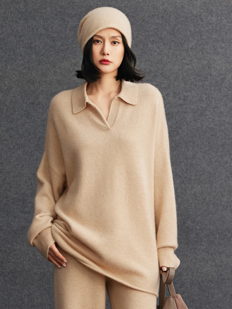 

Женский свитер-поло с V-образным вырезом, весна-осень-зима, повседневный, свободный крой, с отложным воротником, 100% кашемир, вязаный джемпер