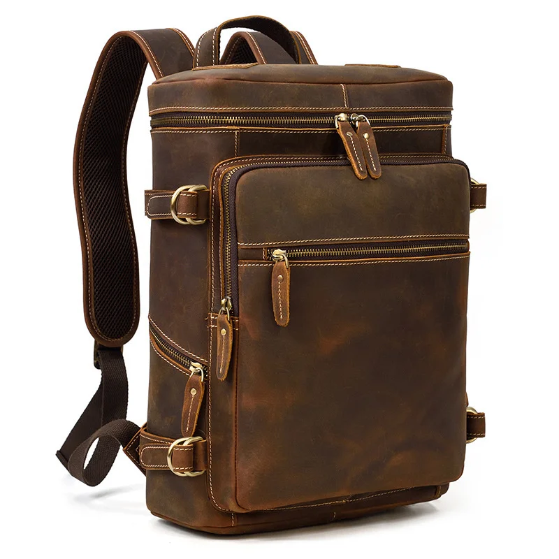 Retro Men's Leather Backpack Crazy Horse Large Capacity Student Schoolbag Outdoor Travel Laptop Bag