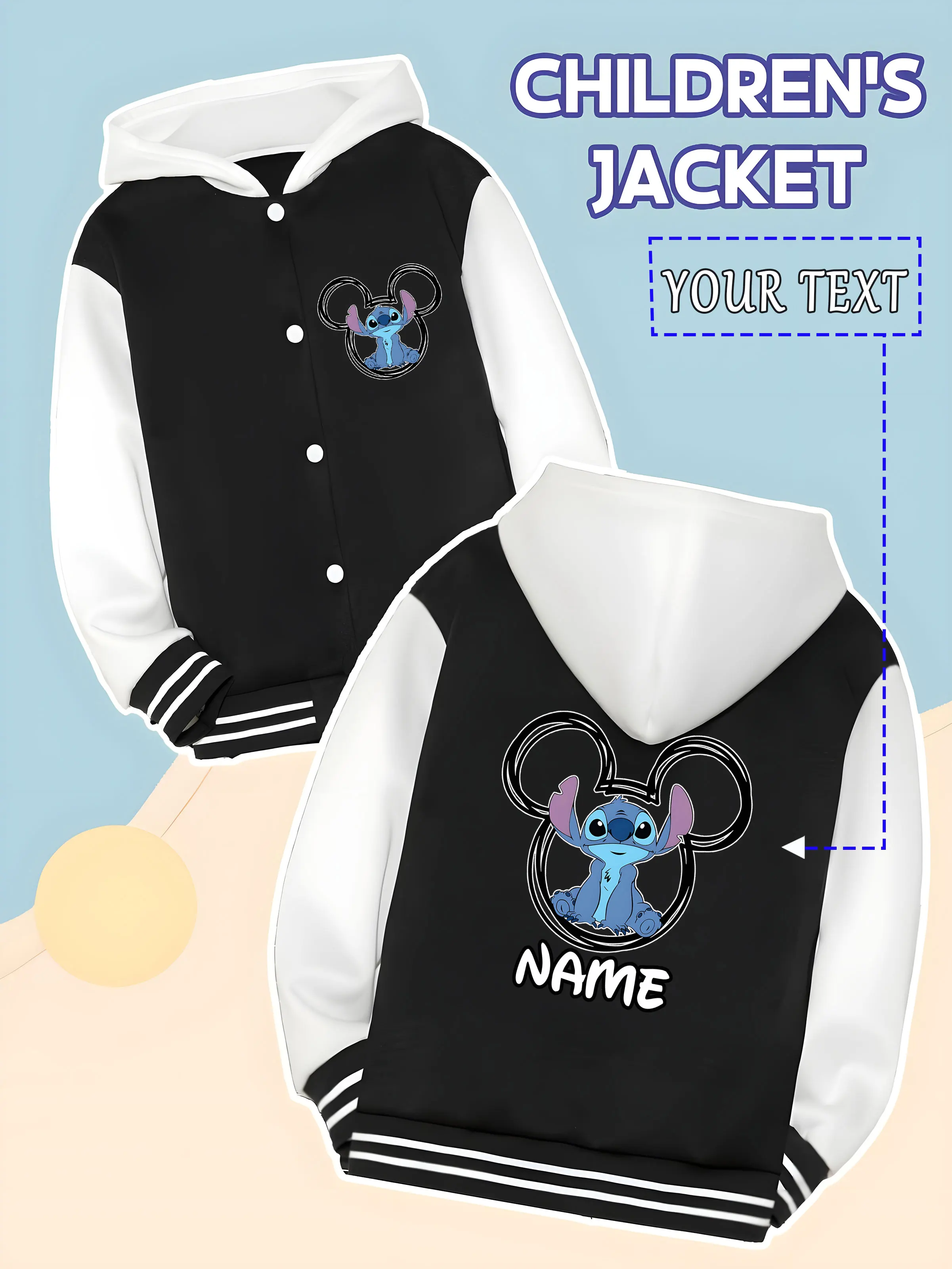 

MINISO Disney Stitch Mickey silhouette children's baseball jacket - Stitch is embedded with Mickey silhouette, simple and cute,
