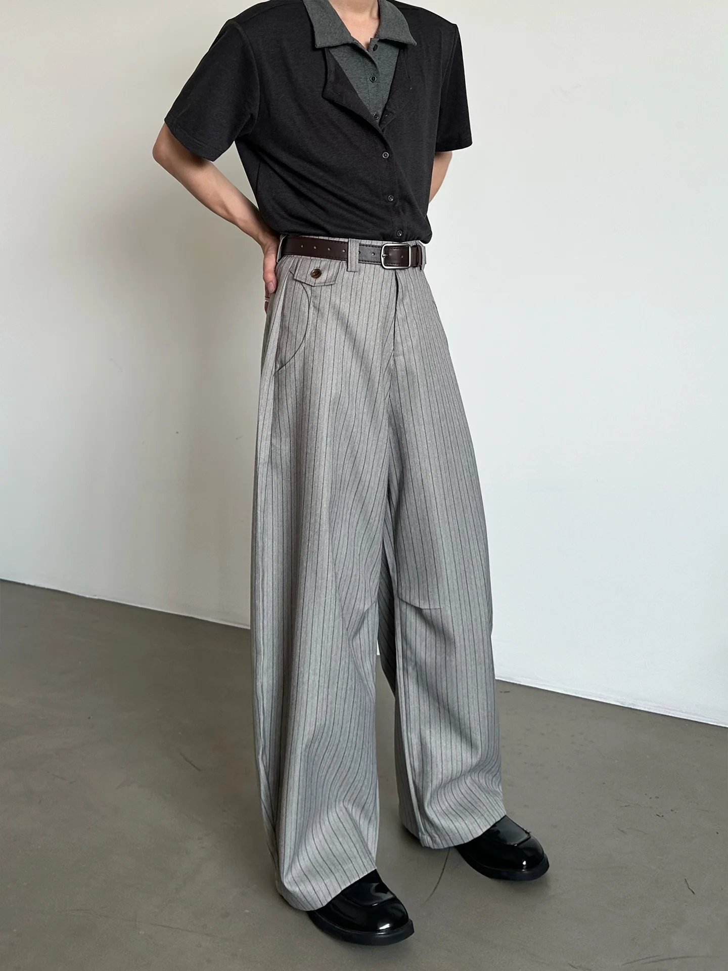 MARTHENAUT Youth Casual Loose Fit Trousers Slouchy Knife Pleat Wide Leg Pants Vertical Stripes Design Sensation Fashionable L...