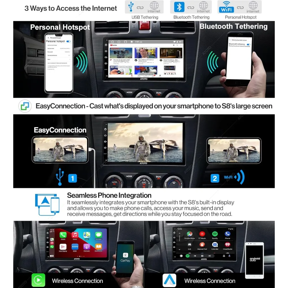 Novo estéreo de carro Android de 7 polegadas atualizado com CarPlay sem fio, Android Auto, Bluetooth duplo, display QLED, retrovisor HD