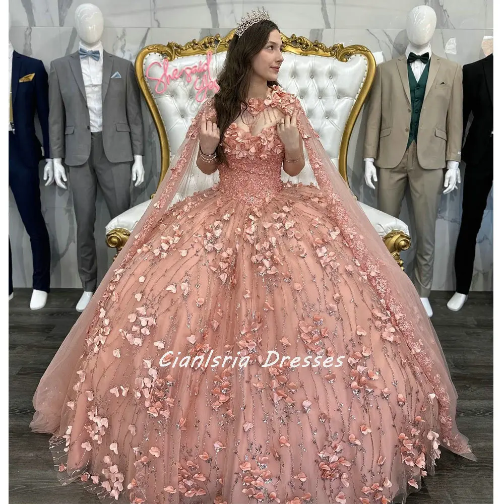 Rose Gold 3D Flowers Sequined Crystal Ball Gown Quinceanera Dress With Cape Appliques Beading Tassel Corset Vestidos De XV Años