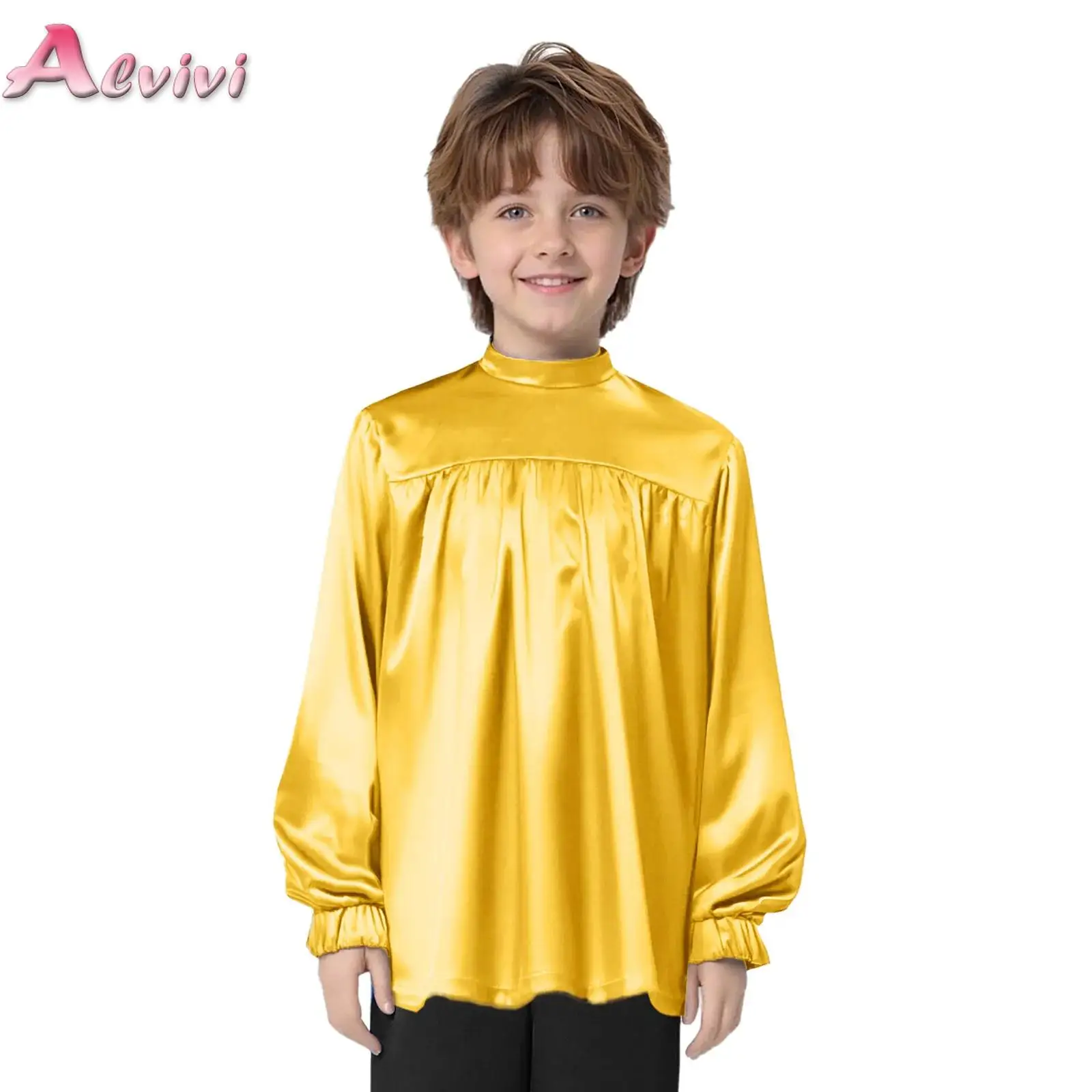 

Kids Boys Satin Shirts Children Praise Liturgical Dance Tops Mock Neck Long Sleeve Back Invisible Zipper Satin Top Dancewear