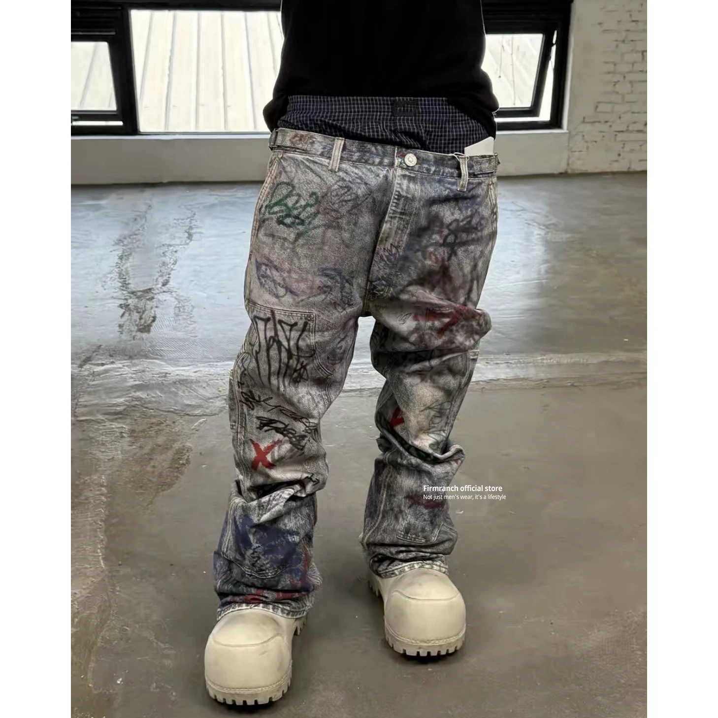 Firmranch New Korean Fashion Fake Two-Piece Double Waist 3D Digital Print Jeans For Men Women Flare Casual Denim Long Pants