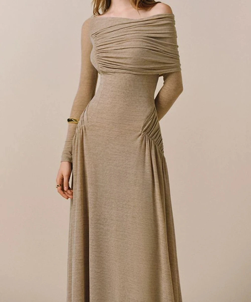 

French slim dress women 2025 summer new drape oblique shoulder design pleats slim beautiful tea break long dress-GZXX956