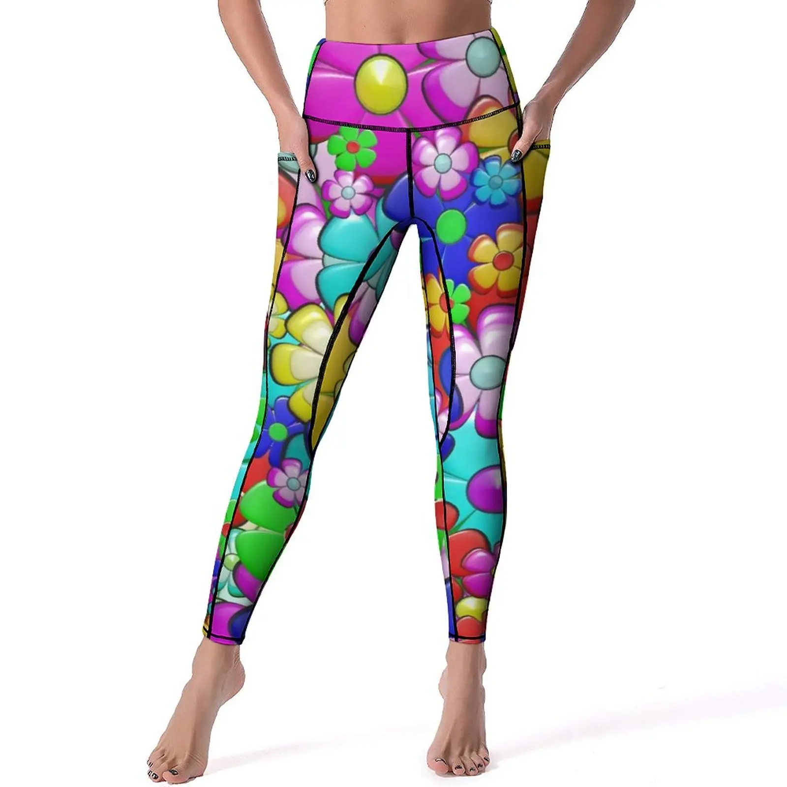 Hippie Retro Peace Leggings Sexy Colorful Flower Print High Waist Yoga Pants Cute Stretchy Leggins Female Graphic