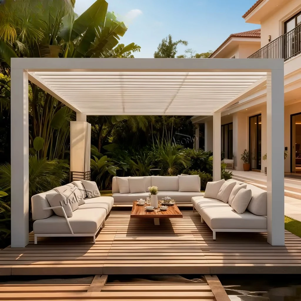 Aluminum Pergola,Remote Louvre Retractable,Outdoor Gazebo,Waterproof Windproof LED,Backyard Canopy,Custom Garden Patio Shelter